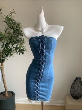 Forever 21 Strapless Denim Lace Up Bodycon Mini Dress S